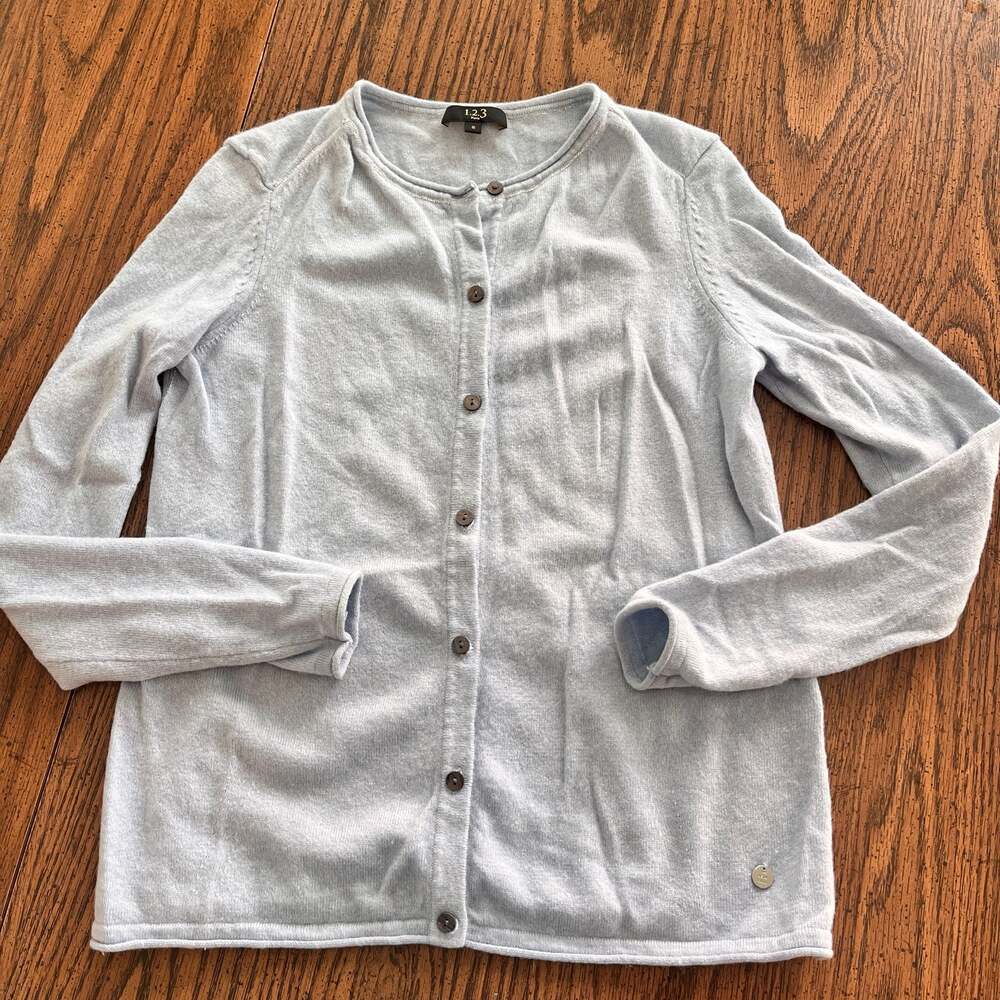 1.2.3 Paris Light Blue Crew Neck Button-Down Cardigan Wool and Cashmere
